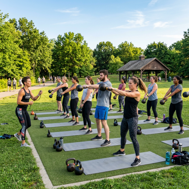 Group of people standing on exercise mats swinging kettlebells outdoors with instructor teaching